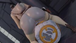 1girls 3d animated ass ass_focus ass_shake bare_shoulders bb-8 boots brown_hair from_behind huge_ass jiggle kishi no_sound rey shiny shiny_clothes short_hair short_shorts shorts solo star_wars twerking video webm