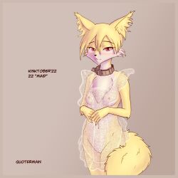 2022 absurd_res anthro biped blush breasts canid canine clothing collar female fox genitals hi_res kinktober mammal nipples page_22 pussy quotermain red_eyes standing translucent translucent_clothing