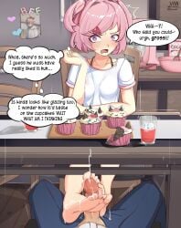 1boy 1girls anon barefoot black_legwear black_thighhighs blue_pants blush cum cum_on_feet cumshot cupcakes dead dialogue doki_doki_literature_club duo ejaculation embarrassed erection feet femdom food foot_fetish footjob footjob_pov footjob_under_table glass glass_of_juice glasses heart horny_female legwear liquid looking_at_viewer natsuki_(doki_doki_literature_club) open_mouth pants penis pink_eyes pink_hair poster sayori_(doki_doki_literature_club) short_hair slight_blush soles speech_bubble suicide suprised text text_bubble thighhighs toes uncensored vaniste when_you_see_it