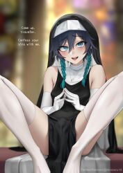 1boy bulge clothing crossdressing dialogue femboy fully_clothed genshin_impact ikemeru19 male male_nun male_only nun nun_habit nun_outfit small_penis solo solo_male spread_legs talking_to_viewer text thighhighs venti_(genshin_impact)