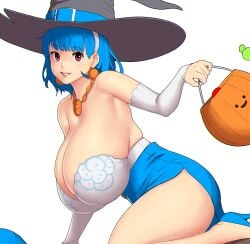 1girls armpits bakunyuu bare_shoulders belt_buckle black_headwear blue_belt blue_dress blue_footwear blue_hair blue_hair_female blue_high_heels blue_shoes blunt_bangs breasts breasts_bigger_than_head buckle bursting_breasts candy cleavage collarbone curvaceous dress dress_slit earrings elbow_gloves erkazooya errorkazoo eyebrows_visible_through_hair fingerless_elbow_gloves fingerless_gloves hair_ornament hairband halloween halloween_2022 halloween_bucket halloween_costume halloween_pumpkin hanging_breasts hat_belt hi_res high_heeled_shoes high_heels high_resolution highres huge_breasts huge_cleavage human large_hat leg_up makeup necklace orange_necklace original original_character overflowing_breasts plain_background pumpkin_earrings red_eyes red_eyes_female rina_atherina rina_atherina_(errorkazoo) shaved_armpit short_hair short_hair_female side_slit side_view sideboob simple_background skindentation smile smiling_at_viewer solo solo_female strapless strapless_dress thick_thighs top_heavy_breasts underbust voluptuous voluptuous_female white_background white_elbow_gloves white_fingerless_gloves white_hair_ornament white_hairband witch witch_costume witch_hat