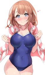 blush breasts brown_hair grey_eyes hanasato_minori high_resolution highres idol jacket more_more_jump!_(project_sekai) project_sekai smile smiling solo solo_female solo_focus swimsuit thick white_background