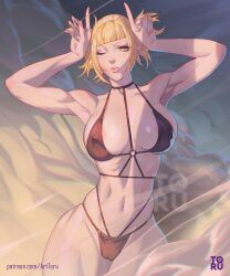 1girls 2022 arttoru big_breasts black_bra blonde_hair bulging_breasts erect_nipples g_string hair_bun highres himiko_toga looking_at_viewer my_hero_academia nipple_bulge pink_nipples shounen_jump