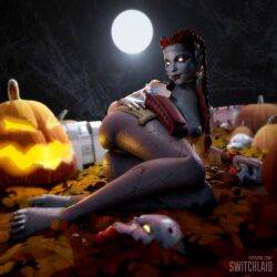 3d 3d_(artwork) apex_legends blender blue_skin breasts feet glowing_eyes grey_skin halloween halloween_costume horror loba_(apex_legends) monster monster_girl nipples painted_nails painted_toenails pale_skin partially_clothed red_hair switchlaid tagme toes white_eyes