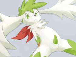 2022 ancesra anthro balls blush bound erection frown fur generation_4_pokemon genitals green_penis hi_res legendary_pokemon looking_down lying nintendo nude on_back penis pokemon pokemon_(species) pokemon_only rope shaymin sky_forme_shaymin solo tapering_penis video_games white_body white_fur