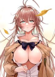 1girls alternate_costume areola_slip areolae azur_lane blue_eyes blush breasts brown_hair cl_(summer_sama) female female_only fully_clothed huge_breasts impero_(azur_lane) impero_(languid_librarian)_(azur_lane) light-skinned_female light_skin official_alternate_costume sardegna_empire_(azur_lane) solo unbuttoned_shirt