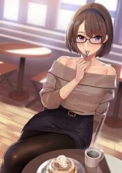 1girls bare_shoulders belt black-framed_eyewear bob_cut breasts brown_hair cafe chair coffee crossed_legs female female_focus food fork glasses hairband highres indoors kagematsuri looking_at_viewer off-shoulder_sweater off_shoulder original original_character pancake pantyhose pencil_skirt purple_eyes ribbed_sweater short_hair sister sitting skirt small_breasts smile sweater