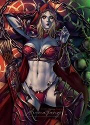 abs arimatang blizzard_entertainment blonde_hair cameltoe elf elf_female female laying_down long_ears long_eyebrows looking_at_viewer midriff running_mascara sylvanas_windrunner world_of_warcraft