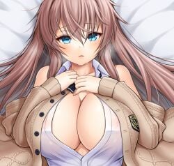 1girls asamura_hiori azur_lane beige_cardigan blue_eyes blush bowtie brown_hair cleavage female female_only fully_clothed impero_(azur_lane) impero_(languid_librarian)_(azur_lane) light-skinned_female light_skin nipples_visible_through_clothing on_back on_bed open_mouth sardegna_empire_(azur_lane) sleeveless_shirt solo_female sweat