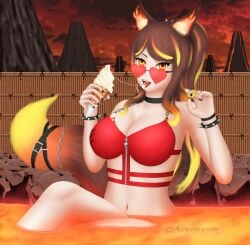 1girls animal_ears bath black_nails breasts brown_hair cleavage darkneyom eye_contact female female_only fire glasses heart_glasses hellhound ice_cream indie_virtual_youtuber large_breasts lava light-skinned_female looking_at_viewer multicolored_hair onsen orange_eyes outside paid_reward_available painted_nails saliva_string sinder_(vtuber) sitting solo spiked_bracelet swimsuit swimwear twirling_hair virtual_youtuber volcanic_setting watermark wolf_girl wolf_tail