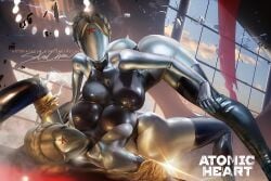 2girls artist_signature ass atomic_heart blonde_hair breasts faceless_female female female_only hartman_hips hips hourglass_figure huge_ass huge_breasts left_(atomic_heart) right_(atomic_heart) robot robot_girl sakimichan silver_body the_twins_(atomic_heart) thick_thighs thighs watermark wide_hips