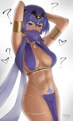 arms_behind_head arms_up blue_eye breast_curtains breasts candace_(genshin_impact) dancer_outfit eroborne female female_only genshin_impact harem_outfit heart-shaped_pupils heterochromia pubic_tattoo revealing_clothes skimpy_clothes tan-skinned_female tan_skin veil yellow_eye