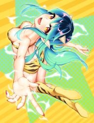 1girls animal_print ass bikini boots breasts cleavage electricity electricity_manipulation female from_behind full_body green_hair horns long_hair looking_at_viewer lum medium_breasts oni oni_horns open_mouth pointy_ears rotix smile solo sparks strapless swimsuit tagme tiger_print urusei_yatsura