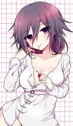 bottomless bottomless_female breasts cherry cleavage danganronpa danganronpa_v3 genderswap_(mtf) hiruanko_(artist) large_breasts ouma_kokichi rule_63 straight_hair