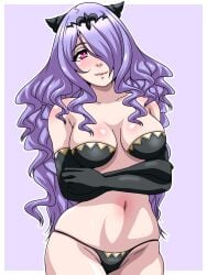 1girls arm_under_breasts black_panties bra breasts camilla_(fire_emblem) crossed_arms elbow_gloves female female_only fire_emblem fire_emblem_fates gloves hair_over_one_eye horns inabakun00 long_hair medium_breasts nintendo panties pink_eyes purple_hair smile solo underwear very_long_hair