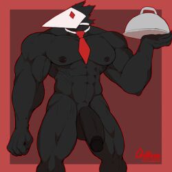 athletic athletic_male bara big_penis deltarune formal furry furry_only male male_focus male_only mask masked masked_male muscular muscular_male nipple_piercing nipples solo solo_focus solo_male swatchling swatchling_(deltarune) tie tray