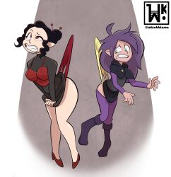 2girls art atomic_wedgie black_hair clothed clothed_female cute female female_only flat_chested frontal_wedgie green_eyes hanging_wedgie light-skinned_female light_skin medium_breasts purple_hair red_eyes spank spanking wedgie wedgie_spanking wkrobbinson