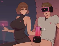 1boy 1girls 2d bottomless breasts clothed_female_nude_male cum_collecting cum_milking female futuristic handjob handjob_w/sex_toy light-skinned_female light-skinned_male light_skin mare_ten nsfw penis_milking penis_milking_machine sitting virtual_reality vr_headset