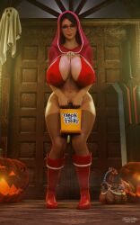 1girls boots bottomless breasts_bigger_than_head candy_bag cattleya female female_only glasses halloween halloween_theme human human_only light-skinned_female light_skin little_red_riding_hood_(cosplay) pumpkin_head queen's_blade queens_blade snoopz stockings trick_or_treat wide_hips
