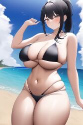 ai_generated arms_up beach big_breasts bikini black_bikini black_hair breast_expansion cleavage curvy growing_breasts imminent_transformation medium_breasts nai_diffusion oblivious ocean ponytail shore stable_diffusion string_bikini sunny tetra_(oc) tetra_ai thick_thighs transformation