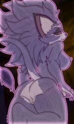 anthro anus ass belladonna_(trials_of_mana) breasts eyeshadow fangs felid feline female fur fur_pattern genitals glowing hi_res inner_ear_fluff looking_back makeup mammal nipples orange_sclera outline pupils purple_body purple_fur pussy raised_tail simple_background skybeatz slit_pupils solo tail_tuft trials_of_mana tuft white_body white_fur yellow_eyes