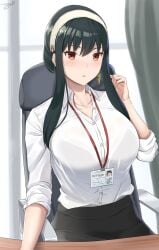 1girls assassin big_breasts black_hair blush bra_visible_through_clothes breasts button_down_shirt desk earrings female female_focus headband id_card light-skinned_female looking_at_viewer office_chair office_lady parted_lips red_eyes solo solo_female solo_focus spy_x_family tacticsalt thorn_princess white_shirt yor_briar yor_forger