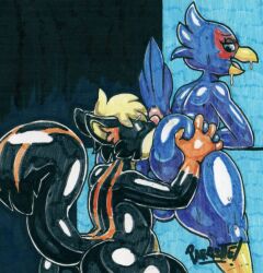 2022 anal anthro ass avian big_butt blue_body blue_feather_hair blue_feathers blue_skin bodily_fluids butt_focus butt_grab deep_rimming duo falco_lombardi fan_character feathers girly glistening glistening_body glistening_skin hand_on_butt hi_res interspecies looking_back looking_pleasured male male/male mammal mephitid nintendo nude oral parasitedeath rimming sex skunk star_fox sweat sweaty_butt sweaty_legs tagme thick_thighs traditional_media_(artwork) video_games