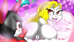 anus ass big_butt blazed_(blazedscarf) blazedscarf blonde_hair breasts broodal bubble_bath butt_grab duo female genitals hair hair_over_eye hand_on_butt hariet_(mario) hi_res huge_butt lagomorph leporid mammal mario_(series) nintendo nude one_eye_obstructed pussy rabbit super_mario_odyssey video_games