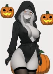 ai_generated black_gloves black_thighhighs blank_background flourisher grey_background grey_body grey_hair halloween hood_up jack_o'_lantern leotard luna(flourisher) medium_breasts nai_diffusion nipple_tape oc orange_eyes pumpkin stable_diffusion