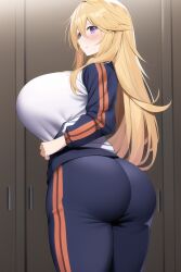 ai_generated ass blonde_hair blush breasts charlotte_dunois female female_only from_behind huge_ass huge_breasts infinite_stratos long_hair nai_diffusion pants purple_eyes shiny shiny_clothes shiny_hair shirt sideboob solo stable_diffusion track_jacket track_pants track_suit very_long_hair voluptuous