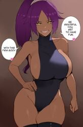 1girls bleach breasts brown_skin bursting_breasts dark-skinned_female dark_skin dialogue english_text female female_only hand_on_hip highleg_leotard hips huge_breasts kisou leotard long_hair purple_hair shihouin_yoruichi slim_waist smile solo speech_bubble text thick_thighs thighhighs thighs tight_clothing wide_hips yellow_eyes