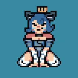 ahe_gao animated blewdster blue_hair blush bouncing_breasts breasts cat_ears catgirl cowgirl_position crown cum kimono leggings nekomimi ninja ninja_princess_(princess_and_conquest) pixel_art princess_and_conquest riding white_leggings