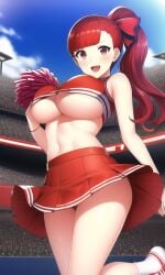 1girls abs ai_generated blush breasts busty cheering cheerleader cheerleader_outfit cheerleader_uniform cleavage clothed clothed_female clothing female female_focus female_only fit_female hair_ribbon kasumi_yoshizawa large_breasts looking_at_viewer nai_diffusion panties persona persona_5 persona_5_royal pom_poms ponytail red_hair skirt solo solo_female sports_bra sports_uniform sportswear stable_diffusion standing sumire_yoshizawa teenager under_cleavage underboob upskirt voluptuous