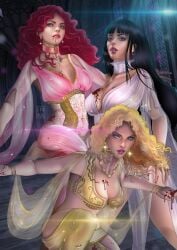 3girls aleera belly_dancer belly_dancer_outfit black_hair blonde_hair blood bride_of_dracula cleavage fangs harem harem_girl harem_outfit inka29 large_breasts marishka purple_eyes red_hair vampire van_helsing_(2004) verona