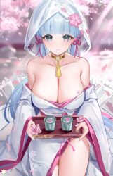 blue_eyes cherry_blossoms collar genshin_impact holding_tray kamisato_ayaka kimono large_breasts light_blue_hair loki1998 tagme