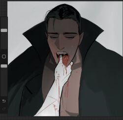 1boy black_hair blood dilf dracula_(hotel_transylvania) finger_in_mouth hand_in_mouth hotel_transylvania infestedcake looking_down male_focus male_only solo_male vampire