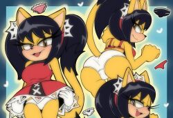 1:1 1girls 5_fingers :3 amber_eyes anthro ass bangs big_breasts black_hair bow_panties bra breasts cat cat_ears cat_tail cleavage clothed collage cropped domestic_cat dress eyelashes fang felid feline female fully_clothed furry gloves hair_accessory hairband headband heart honey_the_cat lifting_skirt long_hair looking_at_viewer looking_back low-angle_view minidress panties pussy_bulge red_dress sega senshion sonic_(series) sonic_the_fighters sonic_the_hedgehog_(archie) sonic_the_hedgehog_(comics) sonic_the_hedgehog_(series) tail twintails underwear upskirt white_panties wink yellow_body yellow_fur