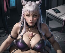 1boy 1girls ai_generated athletic_female backstage bare_shoulders big_breasts bra breasts choker cum cum_between_breasts cum_on_breasts earrings evelynn expressionless eye_contact female hairbuns human k/da_all_out_evelynn k/da_all_out_series league_of_legends league_of_legends:_wild_rift leather_bra leather_straps light-skinned_male looking_at_viewer male male_pov paizuri paizuri_under_clothes partially_clothed pov pov_crotch pov_eye_contact puffyart riot_games titfuck titfuck_under_clothes titjob white_hair yellow_eyes