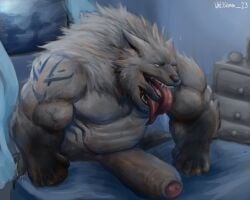 absurd_res anthro balls canid canine canis chimera erection fur genitals hi_res humanoid hybrid league_of_legends male mammal multi_mouth muscular muscular_male nipples nude penis riot_games simple_background solo tongue ursid ursine video_games volibear whit3salmon_23 wolf