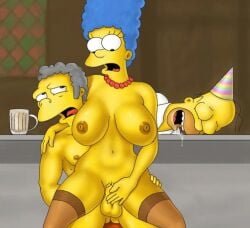 1girls 2boys breasts breasts_apart clothed clothed_male cuckold female homer_simpson large_breasts male male/female marge_simpson moe_szyslak navel nipples nude nude_female nude_male penis reverse_cowgirl_position sleep tagme the_simpsons thighhighs