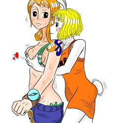 2girls artist_request breast_grab bunny_girl carrot_(one_piece) female female_only getting_horny grabbing_both_breasts jeans nami one_piece pants pants_falling_down post-timeskip sagging_pants shivering sweating yuri