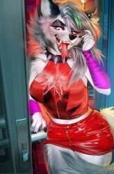 1girls absurd_res anthro bodily_fluids breasts canid canid_demon canine clothing collar cosplay crossover crossover_cosplay cum cum_in_mouth cum_inside cum_on_breasts cum_on_face cumshot demon ejaculation exposed_breasts female female_only fingers five_nights_at_freddy's five_nights_at_freddy's:_security_breach genital_fluids goth hair hellhound helluva_boss hi_res latex_clothing legwear long_hair looking_at_viewer loona_(helluva_boss) mammal moonabel open_mouth piercing piercings_everywhere roxanne_wolf_(fnaf) rubber rubber_clothing rubber_suit scottgames solo solo_female spiked_collar spikes tongue tongue_out video_games