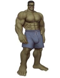 1boy alternate_version_available bulge drawnpr0n green-skinned_male green_skin hulk hulk_(series) looking_at_viewer male male_only marvel marvel_cinematic_universe marvel_comics mature mature_male muscular muscular_male professor_hulk shirtless_male smooth_chest solo solo_male superhero