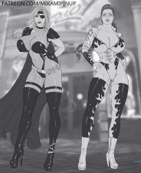 2girls alternate_version_available amazon artist_name athletic athletic_female big_ass big_breasts big_butt black_canary black_hair blonde_female blonde_hair blue_eyes bust busty cleavage clothing curvaceous curvy curvy_figure dc dc_comics demigoddess diana_prince digital_media_(artwork) dinah_lance eyepatch female female_only fishnet_bodysuit fishnets fit fit_female green_arrow_(series) heroine high_heel_boots high_heels hips hourglass_figure huge_breasts justice_league large_breasts legs lips lipstick long_hair mikamipinup monochrome outfit pantyhose platform_heels pose posing princess seductive seductive_look sensual superhero superheroine themysciran thick thick_ass thick_legs thick_thighs thigh_boots thighs voluptuous waist watermark wide_hips wonder_woman wonder_woman_(series)