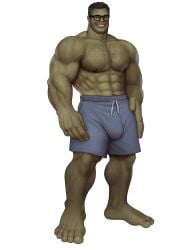 1boy alternate_version_available bulge drawnpr0n green-skinned_male green_skin hairy_chest hulk hulk_(series) looking_at_viewer male male_only marvel marvel_cinematic_universe marvel_comics mature mature_male muscular muscular_male professor_hulk shirtless_male solo solo_male superhero