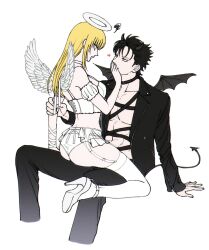 1boy 1girls alternate_costume angel angel_and_devil angel_wings arm_grab blonde_hair bustier chi_c_lov choker demon_boy demon_horns demon_wings female garter_belt garter_straps gintama halo high_heels kawakami_bansai kijima_matako leather_jacket lingerie long_hair looking_at_another male panties sitting sitting_on_lap sitting_on_person white_legwear white_panties white_thighhighs wings