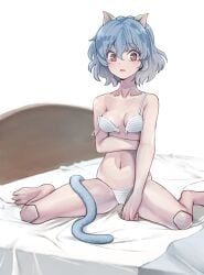 1girls 2020 bed bra cat_ears cat_tail catgirl female grey_hair hi_res hunter_x_hunter neferpitou on_bed open_mouth partially_clothed red_eyes short_hair silver_hair solo striped striped_panties tail underwear yagisawa_teru