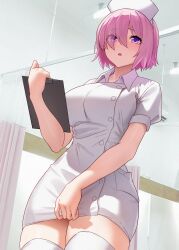 1girls blush breasts clothed clothes fate/grand_order fate_(series) female hair_over_one_eye hi_res hips indoors large_breasts light-skinned_female light_skin looking_at_viewer looking_down low-angle_view mash_kyrielight nurse nurse_cap nurse_outfit nurse_uniform pink_hair purple_eyes short_hair slim_waist solar_(happymonk) solo thick_thighs thighs wide_hips