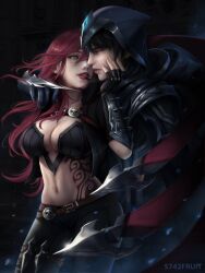 5742fruit breasts green_eyes hand_on_head hood incest katarina_du_couteau league_of_legends lips navel necklace red_hair talon_du_couteau tattoo