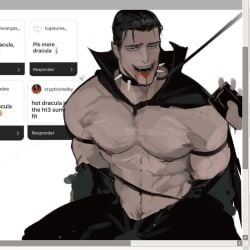 1boy black_hair collar color dilf dracula_(hotel_transylvania) hotel_transylvania infestedcake light-skinned_male looking_at_viewer male_focus male_only muscular_male pecs pubic_hair simple_background solo_male tongue_out